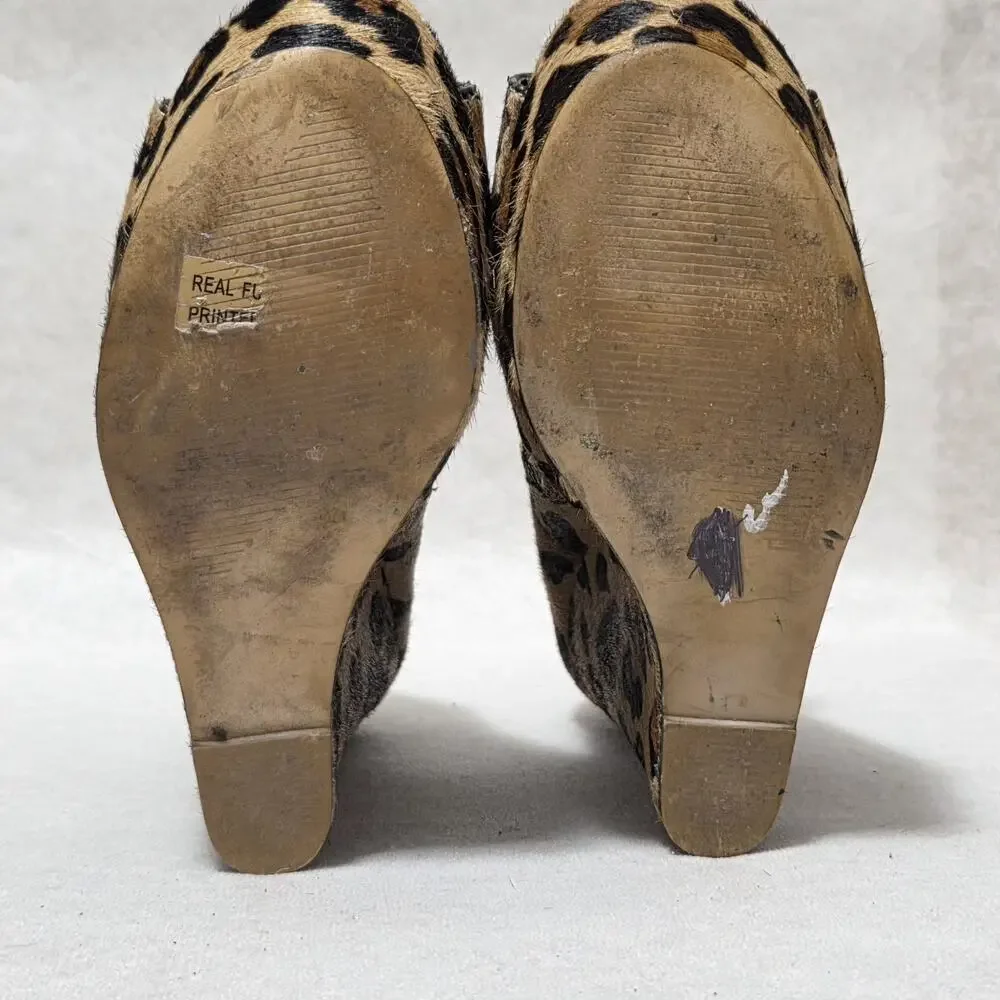 Leopard Print Pony Hair Platform Wedge Booties - Peep Toe - Size 8M